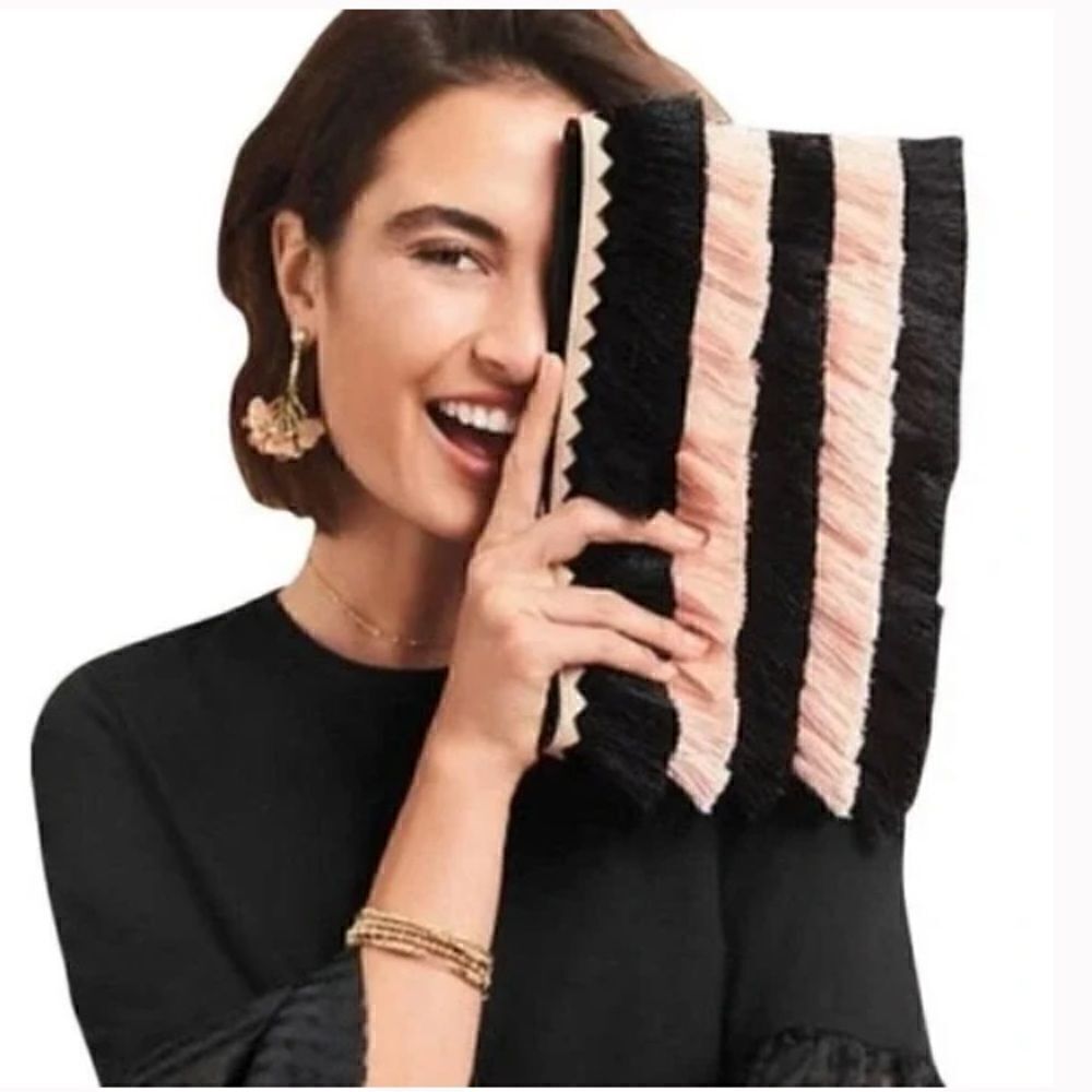 Stella & Dot Pink and Black Eloise Faux Leather & Fringe Clutch purse bag